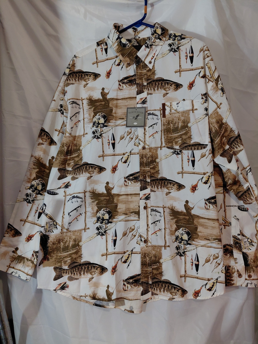 Men's Lightweight Fishing-Print Shirt Jacket - White and Brown